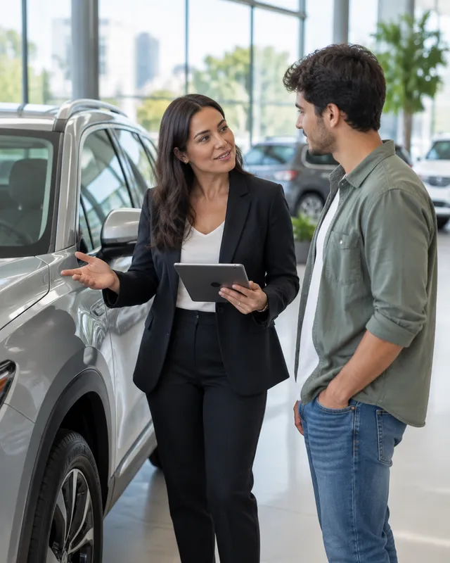 Vendedora conversa com cliente ao lado de um carro na concessionária