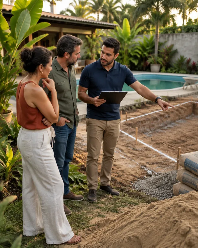 Vendedor mostra área de piscina a um casal em obra