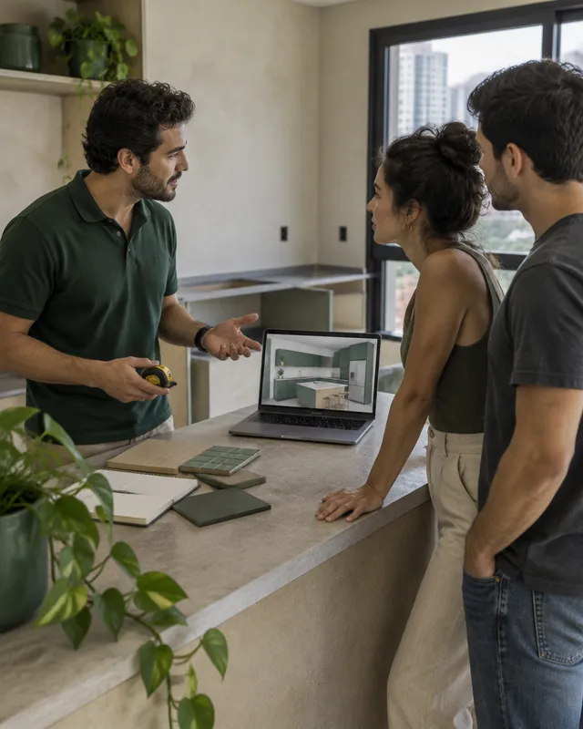 Projetista apresenta o projeto de cozinha a um casal